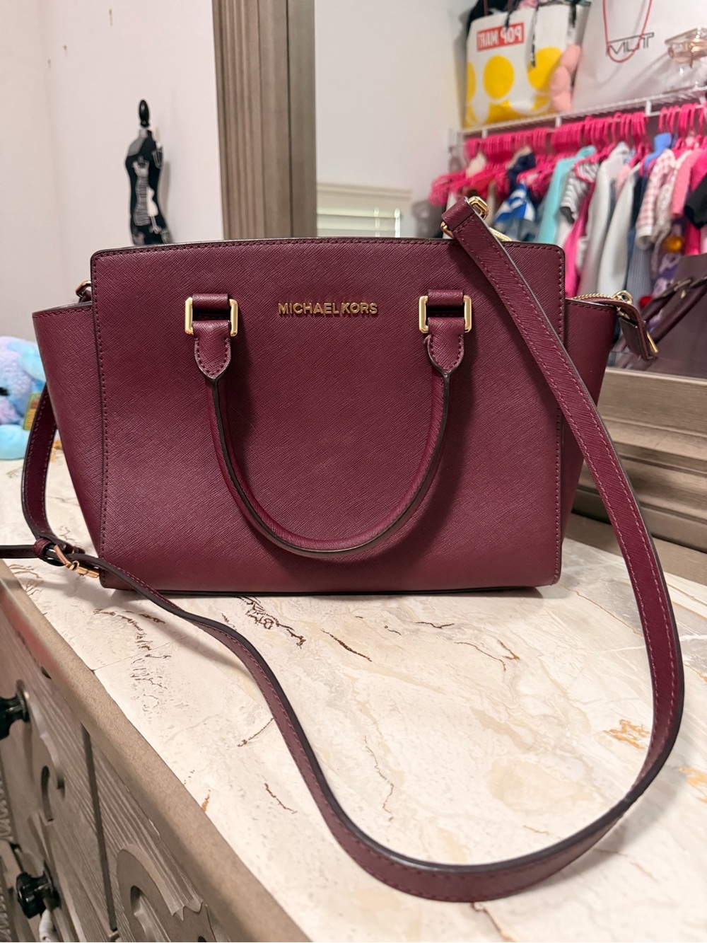 Michael Kors Deep Burgundy Saffiano Satchel with Crossbody Strap